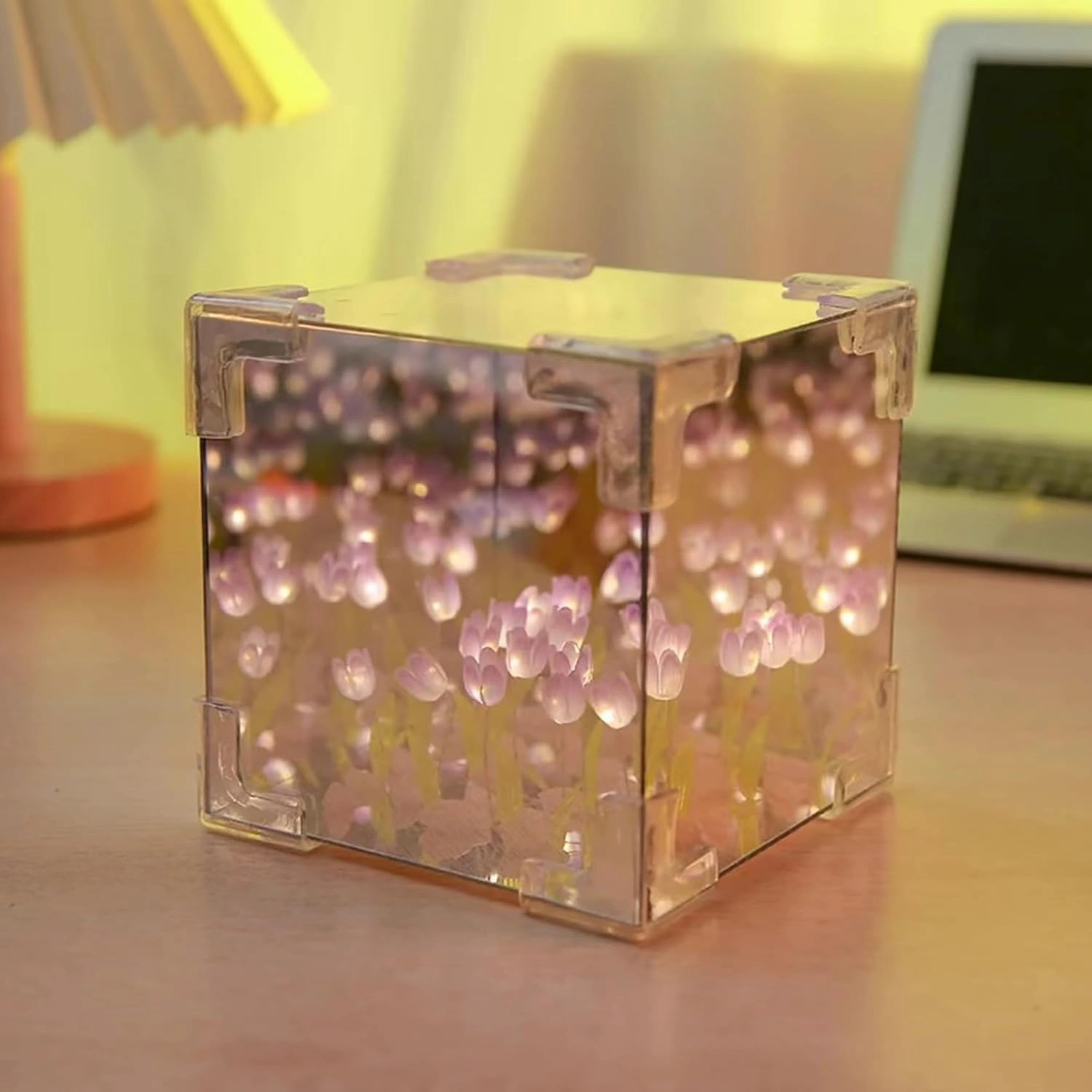 keeda Finished Cube Tulip Mirror Lamp LED Handmade Simulated Tulip Table Lamp DIY Creative Magic Cube Mirror Night Light Tulip Lamp for Valentines Birthday (Purple, Cube)