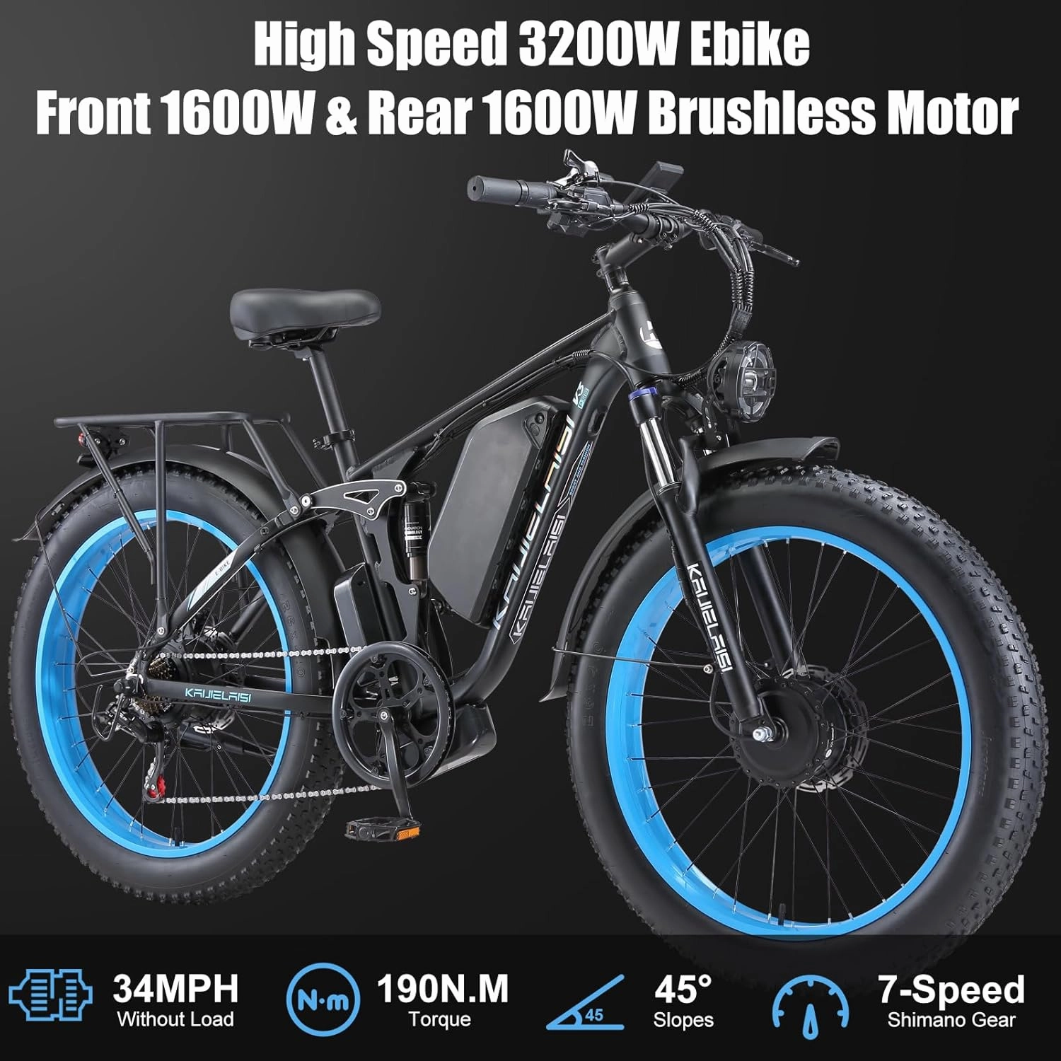 KETELES Electric Bike for Adults 5000W Peak Mountain Bicycle 33MPH, 26" Fat Tire Ebike 52V 26AH Removable Battery Electric Dirt E Bikes 7 Speed E-Bike Full Suspension UL Certified