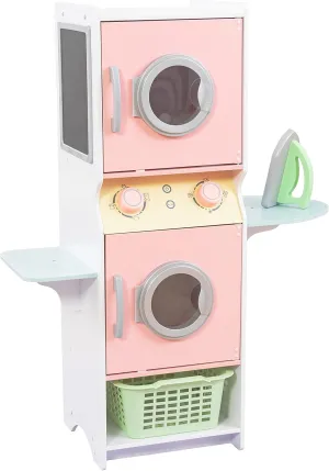 KidKraft Laundry Playset Children's Pretend Wooden Stacking Washer and Dryer Toy with Iron and Basket, Pastel, Gift for Ages 3 