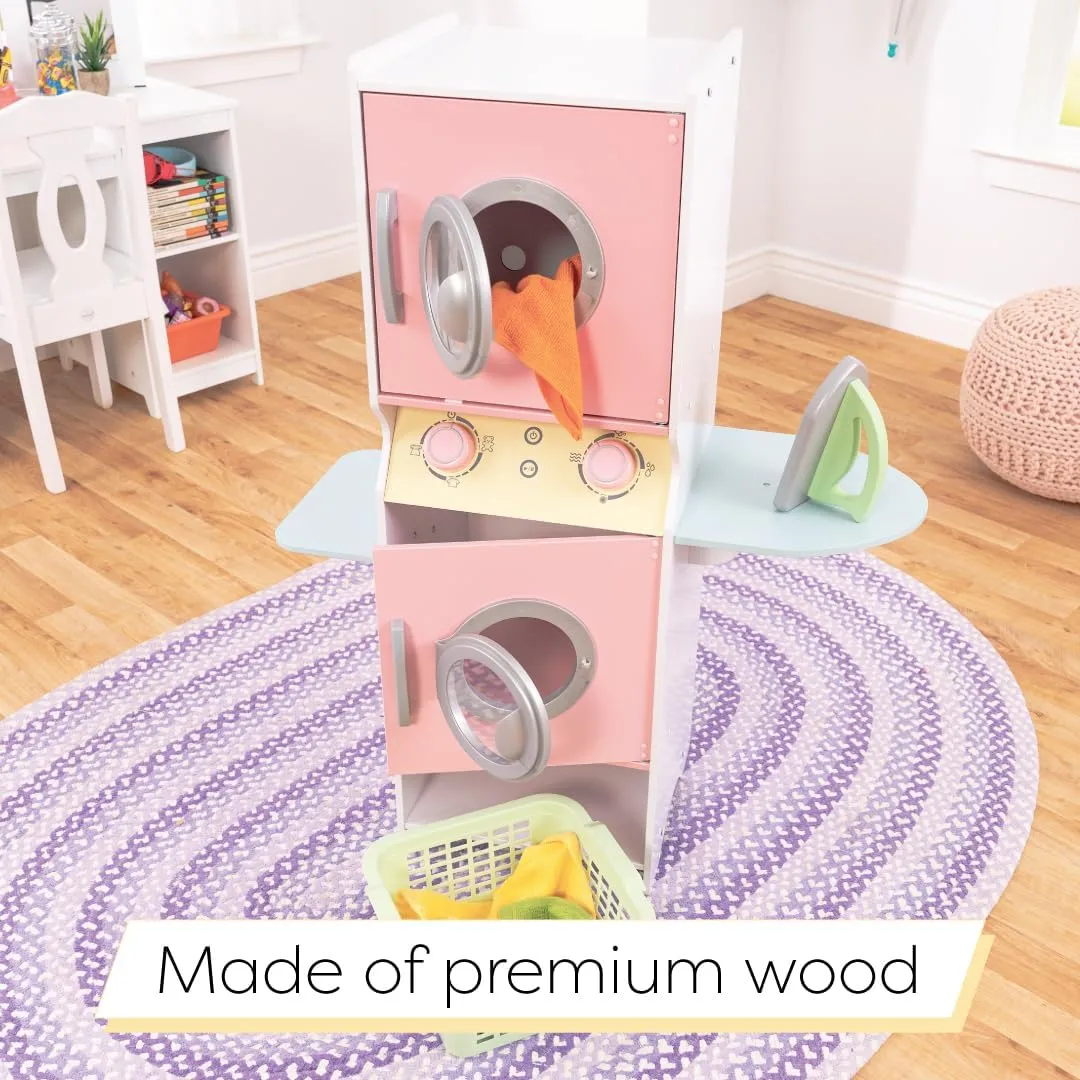 KidKraft Laundry Playset Children's Pretend Wooden Stacking Washer and Dryer Toy with Iron and Basket, Pastel, Gift for Ages 3 