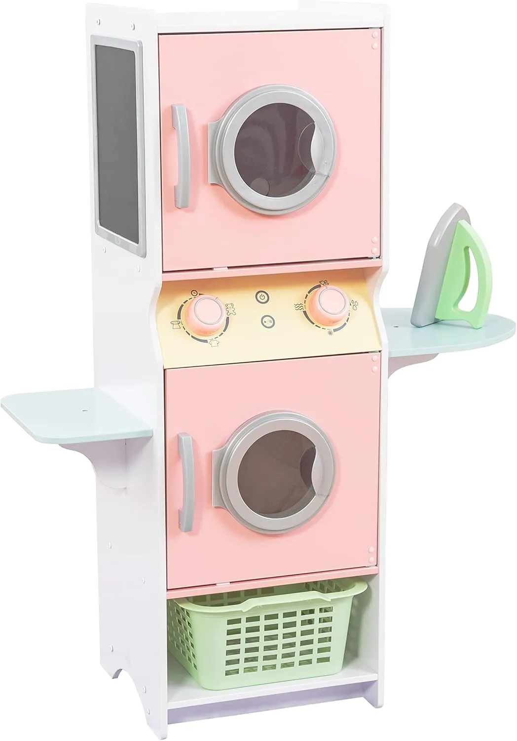 KidKraft Laundry Playset Children's Pretend Wooden Stacking Washer and Dryer Toy with Iron and Basket, Pastel, Gift for Ages 3 
