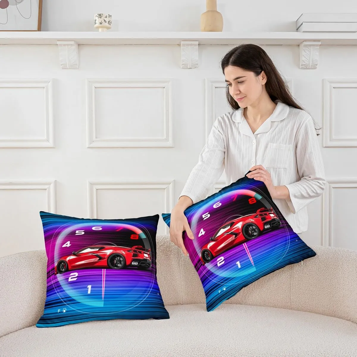 Kids Racing Throw Pillow Covers Set of 2 24x24 Inch for Sofa Bed Couch,Red Sports Car Cushion Covers Home Room Decor,Extreme Car Cushion Cases,Blue Purple Gradient Striped Decorative Pillowcases