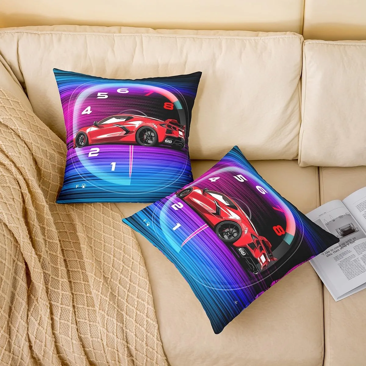 Kids Racing Throw Pillow Covers Set of 2 24x24 Inch for Sofa Bed Couch,Red Sports Car Cushion Covers Home Room Decor,Extreme Car Cushion Cases,Blue Purple Gradient Striped Decorative Pillowcases