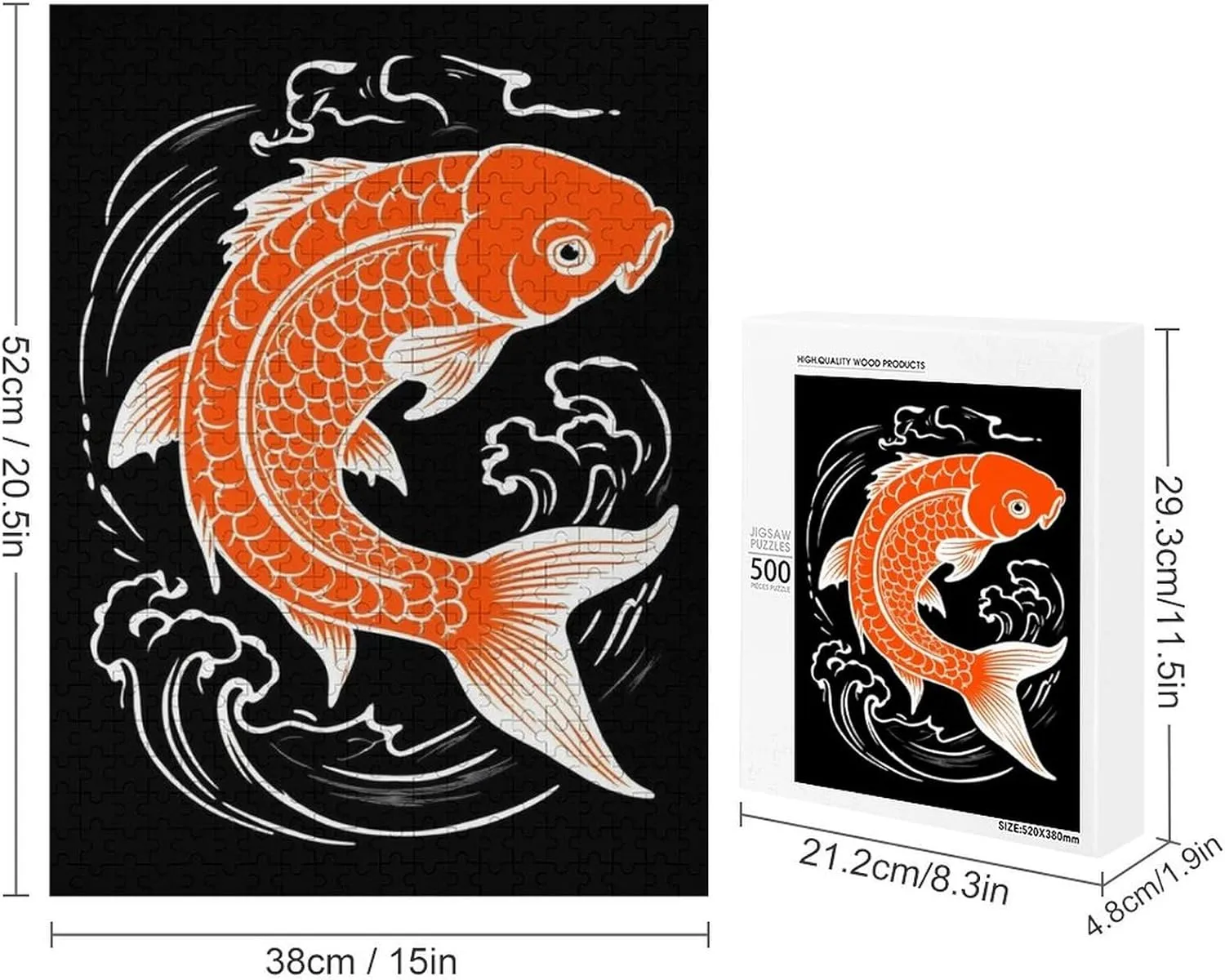 Kids Teens Adults Large Japanese Yellow Koifish Fish Black Jigsaw Puzzle for Home Entertainment, Game Toys Gift - 500 Pieces Jigsaw Puzzles Wall Hanging Painting