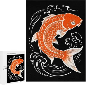 Kids Teens Adults Large Japanese Yellow Koifish Fish Black Jigsaw Puzzle for Home Entertainment, Game Toys Gift - 500 Pieces Jigsaw Puzzles Wall Hanging Painting