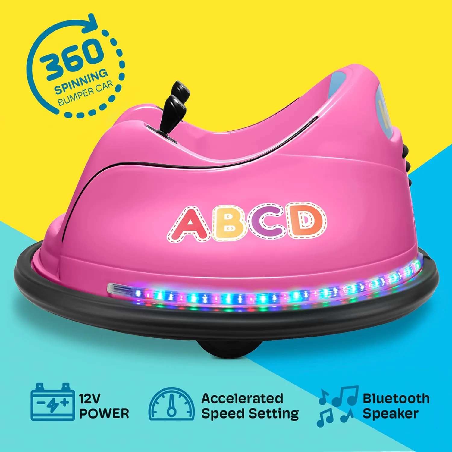Kidzone 12V 2-Speeds Electric Ride On Bumper Car for Kids & Toddlers 1.5-6 Years Old, DIY Sticker Baby Bumping Toy Gifts W/Remote Control, LED Lights, Bluetooth & 360 Degree Spin, ASTM Certified