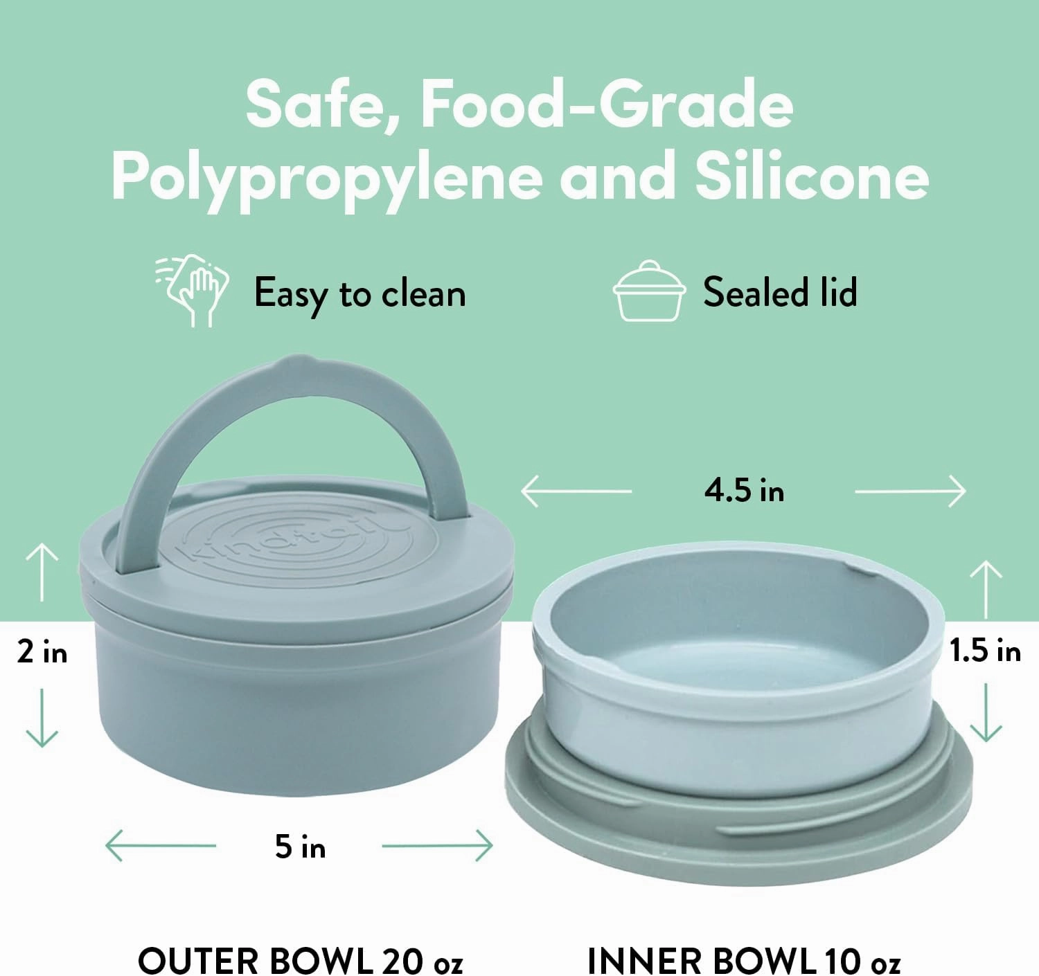 KindTail Portable Pet Feeder, Travel Dog Bowls with Lid and Handle, Microwave and Dishwasher-Safe, 10oz Inner Bowl & 20oz Outer Bowl, Grey