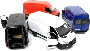 KiNSMART - Mercedes-Benz Sprinter Cargo Van, 1:48 O Scale Die Cast Metal Model Toy Van, Pull-Back Action, Set of 4 Red/Blue/Black/White