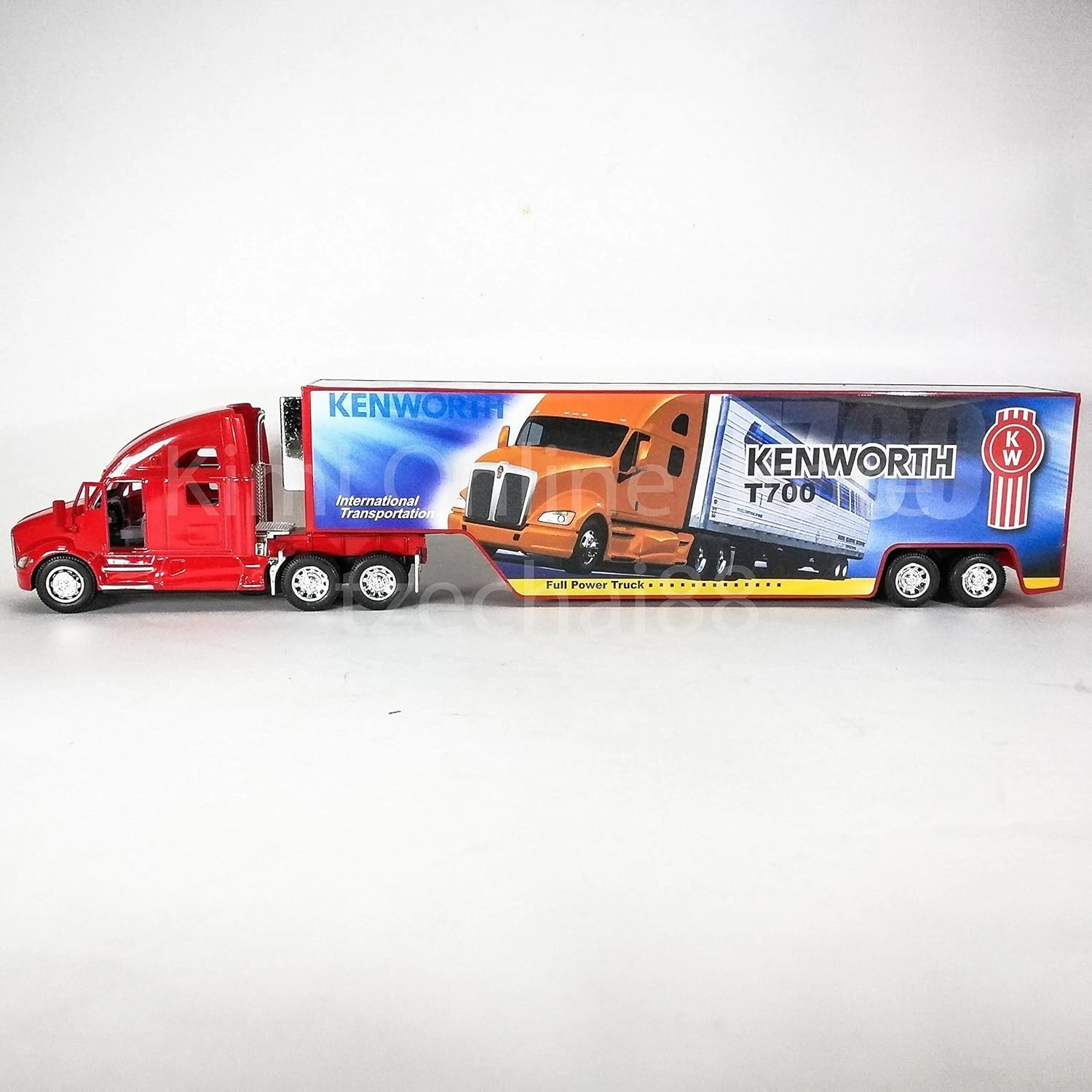 KiNSMART Kenworth T700 Container Truck, 1:68 Scale, Die Cast Metal Model, Red with Decals, Pullback Action