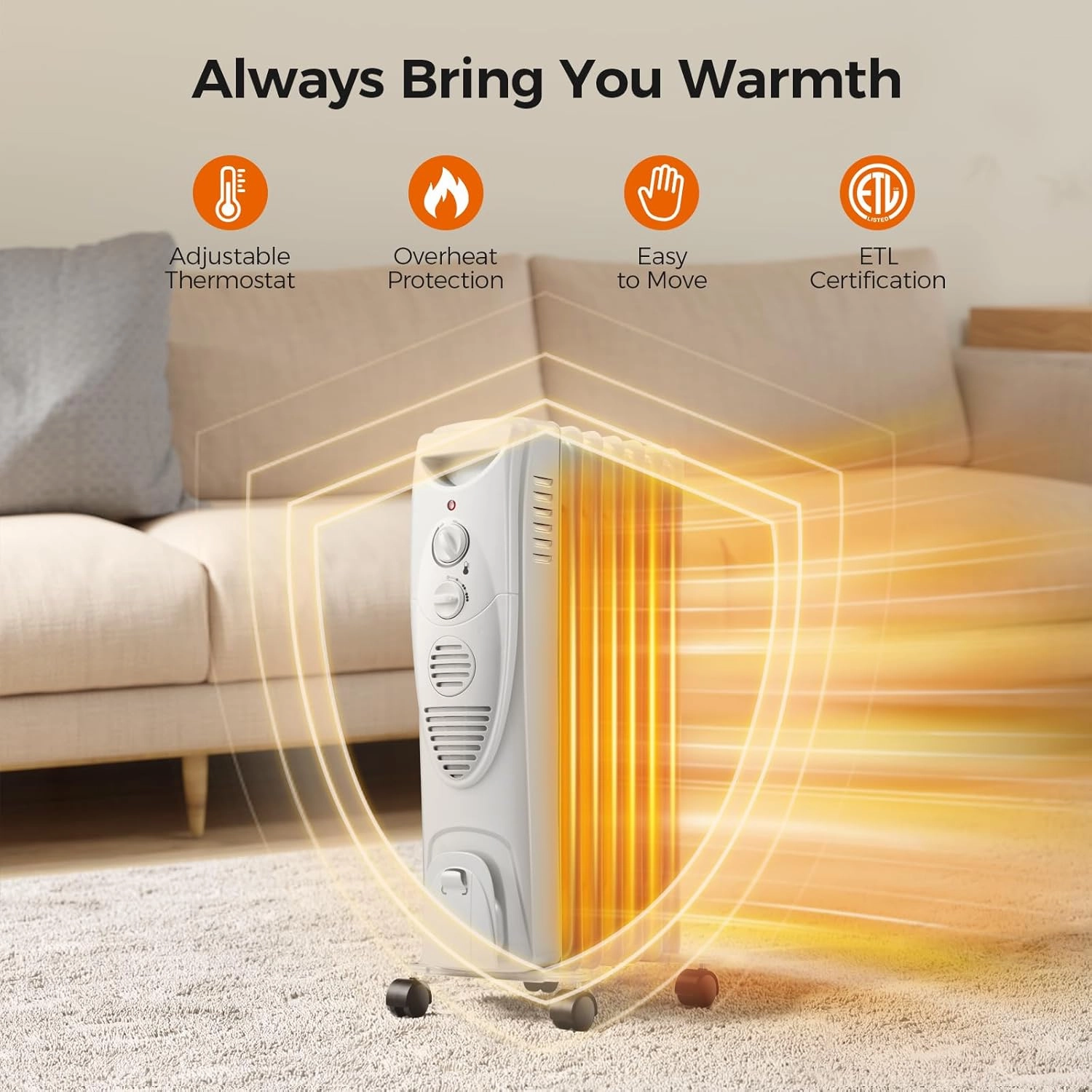 Kismile 1500W Oil Filled Radiator Heater, Portable Electric Heater with 3 Heat Settings, Adjustable Thermostat, Overheat & Tip-Over Protection, Oil Heaters for Indoor Use (Grey)
