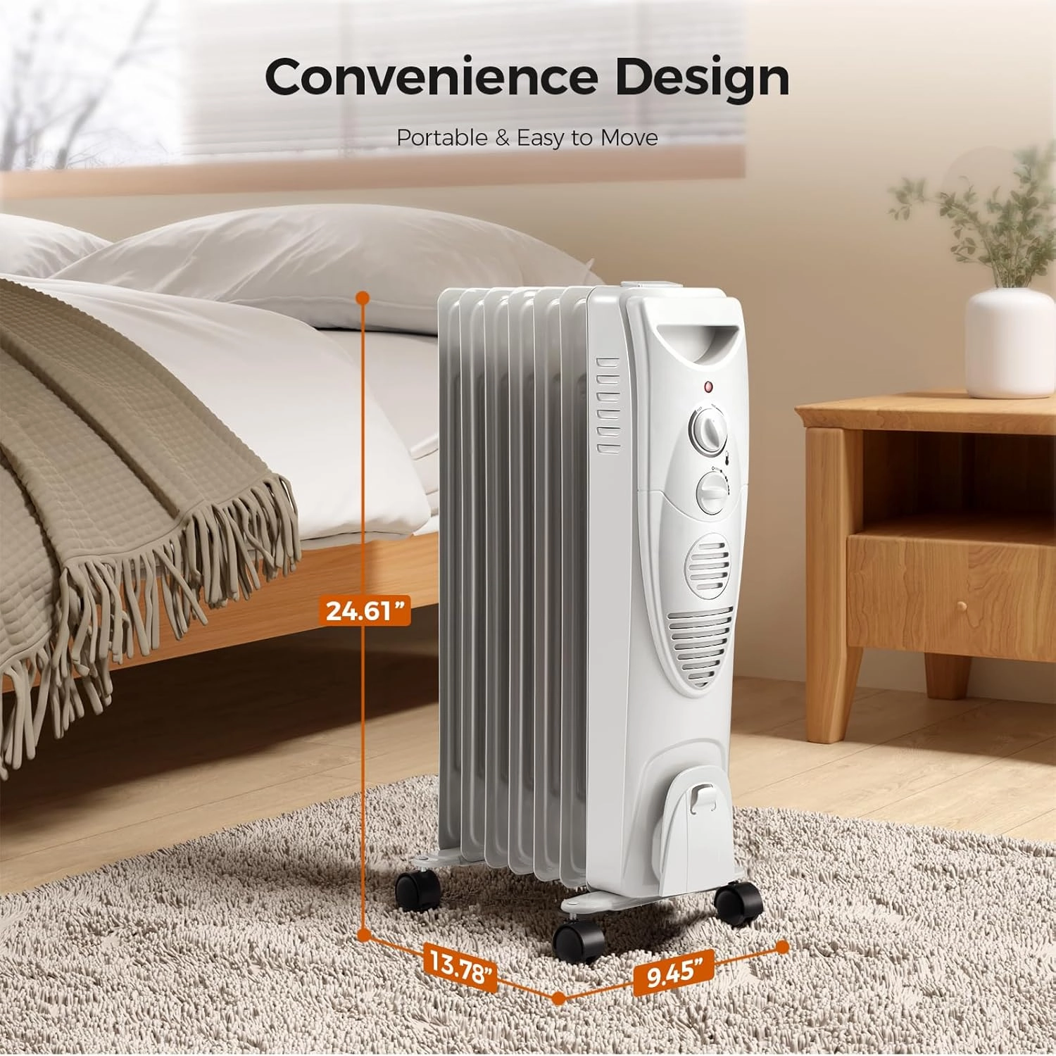 Kismile 1500W Oil Filled Radiator Heater, Portable Electric Heater with 3 Heat Settings, Adjustable Thermostat, Overheat & Tip-Over Protection, Oil Heaters for Indoor Use (Grey)