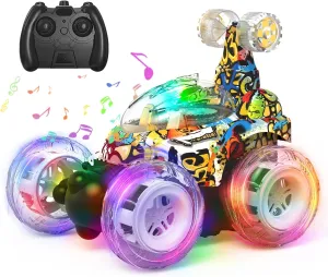 Kizeefun Remote Control Car for Kids RC Stunt Car Invincible 360°Rolling Twister with Colorful Lights & Music Rechargeable Remote Control Car Toy for Boys and Girls