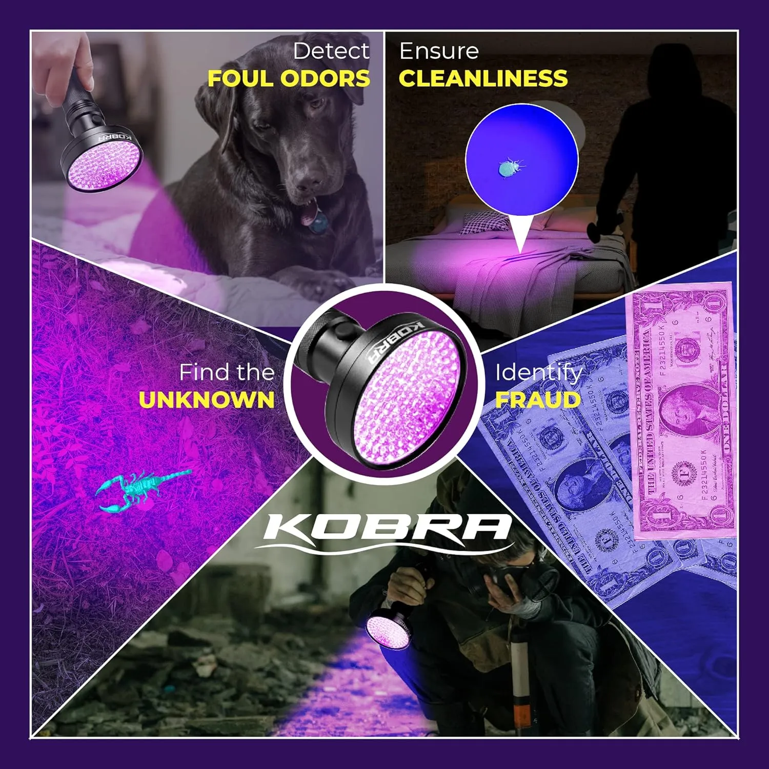 Kobra UV Black Light Flashlight 395nm - 100 LED Portable UV Light & Black Light for Pet Urine Detection - Home or Hotel Bed Bugs, Leaks & Counterfeit Money Inspection - 18W, (Black)