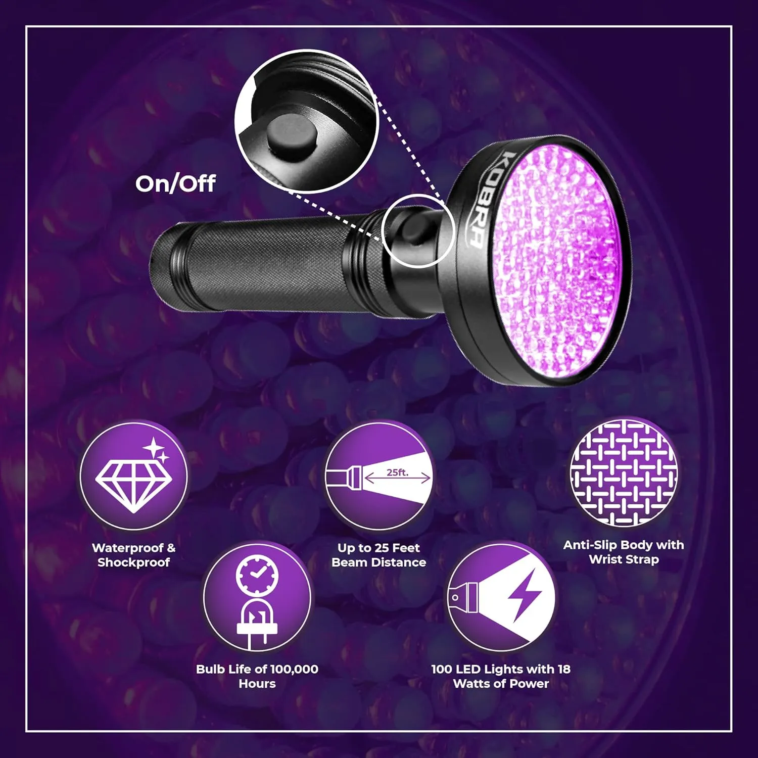 Kobra UV Black Light Flashlight 395nm - 100 LED Portable UV Light & Black Light for Pet Urine Detection - Home or Hotel Bed Bugs, Leaks & Counterfeit Money Inspection - 18W, (Black)