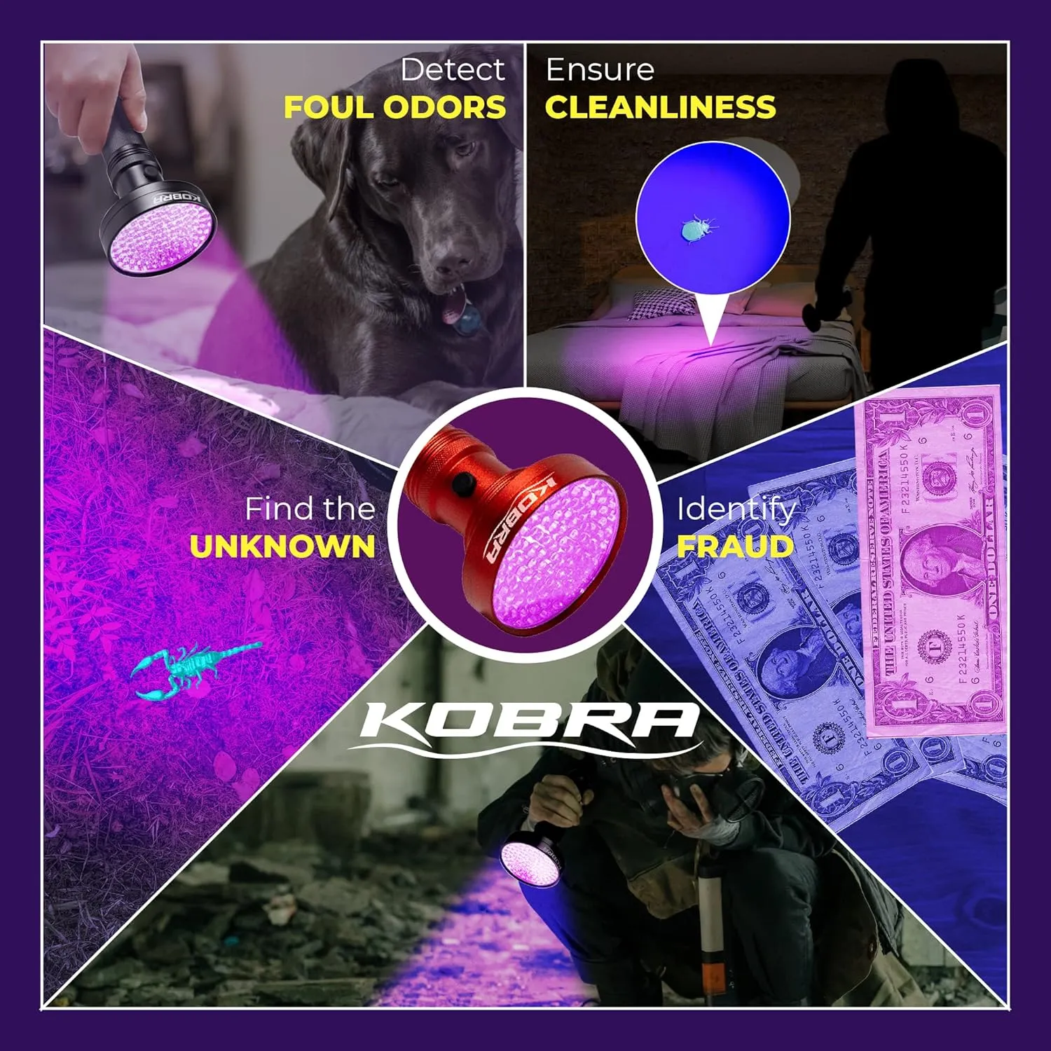 Kobra UV Black Light Flashlight 395nm - 100 LED Portable UV Light & Black Light for Pet Urine Detection - Home or Hotel Bed Bugs, Leaks & Counterfeit Money Inspection - 18W, (Red)
