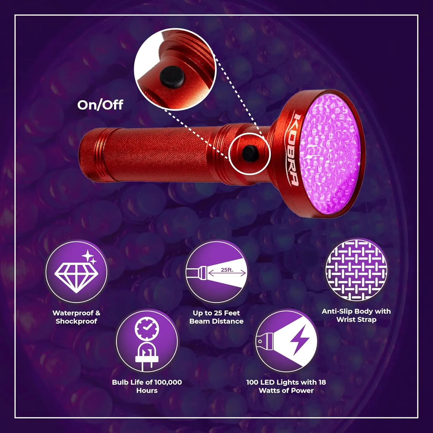 Kobra UV Black Light Flashlight 395nm - 100 LED Portable UV Light & Black Light for Pet Urine Detection - Home or Hotel Bed Bugs, Leaks & Counterfeit Money Inspection - 18W, (Red)