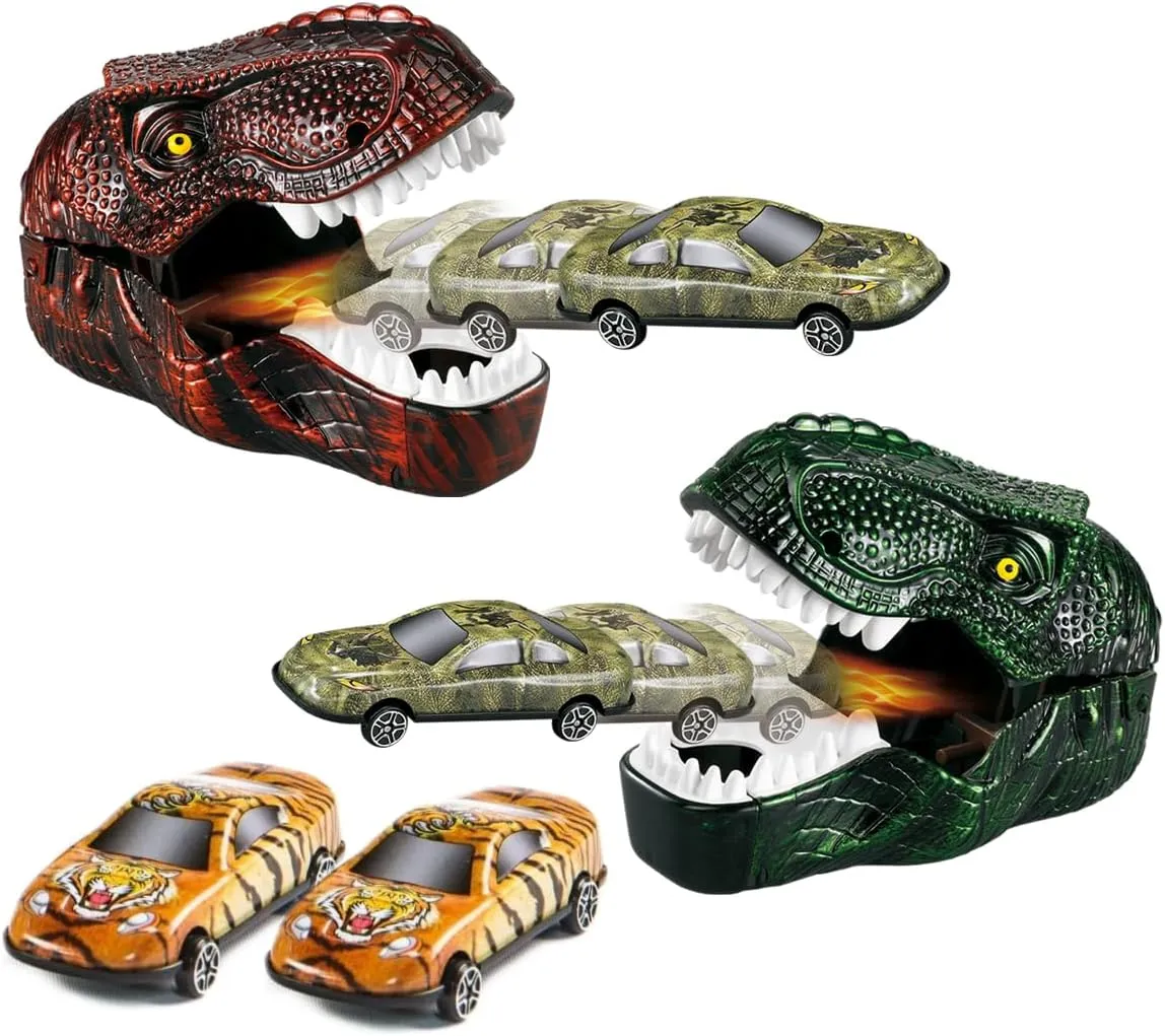 Kovot Dinosaur Car Shooter Playset: 2 Dino Heads & 4 Clicking & Shooting Cars Included