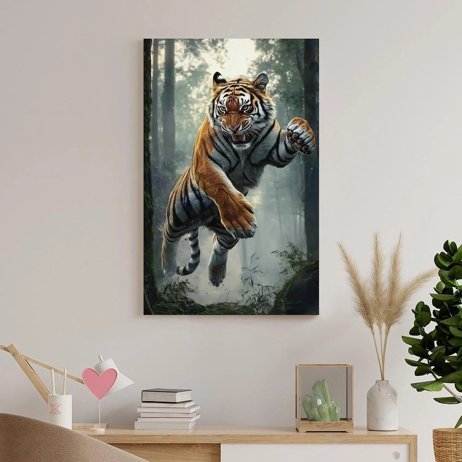 KRECDKQ Tiger Jungle Running Cool Poster Canvas Wall Art Prints Posters for Room Aesthetic Bedroom Living Room Pictures Paintings Wall Decor for Mens Framed Unframed 12x18inch(30x45cm)