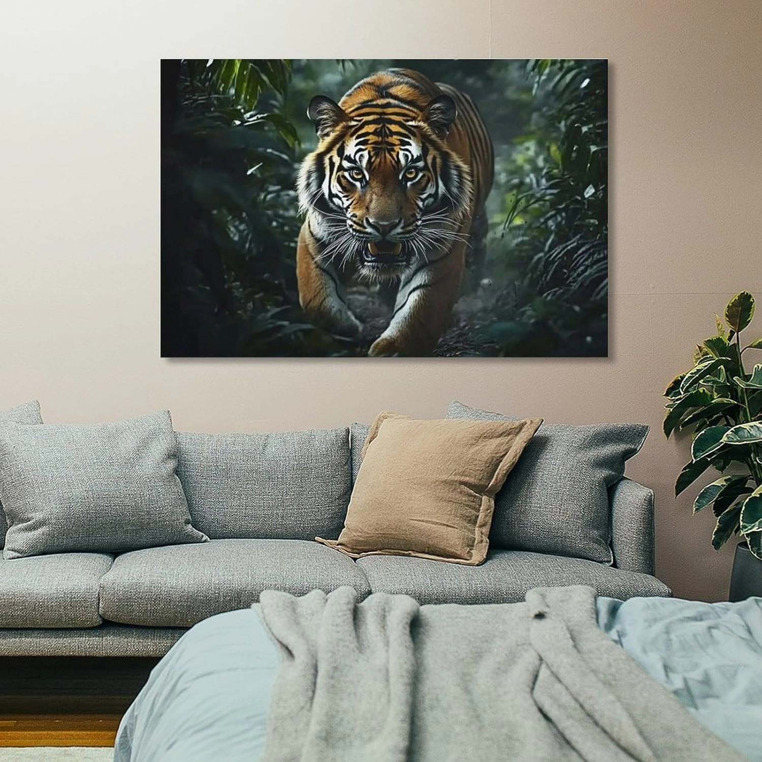 KRECDKQ Tiger Running Jungle Poster Canvas Wall Art Aesthetic Posters & Prints Wall Decor for Bedroom Dorm Living Room Paintings Pictures Wall Decor Framed Unframed 16x24inch(40x60cm)