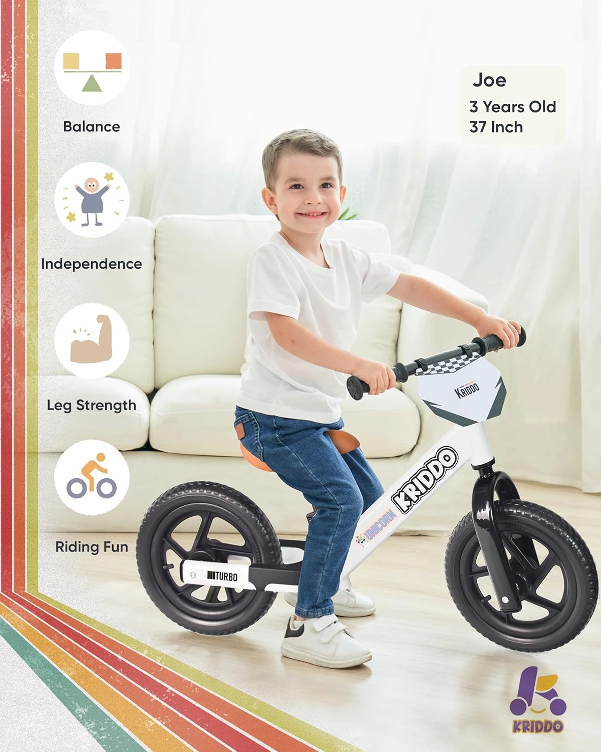 KRIDDO Balance Bike 2 Year Old, Toddler Balance Bike for Kids Aged 2-5, with DIY Colorful Stickers, Non-Slip Sporty Footrest, Racing-Style Frame, Gift for 2-4 Boys and Girls