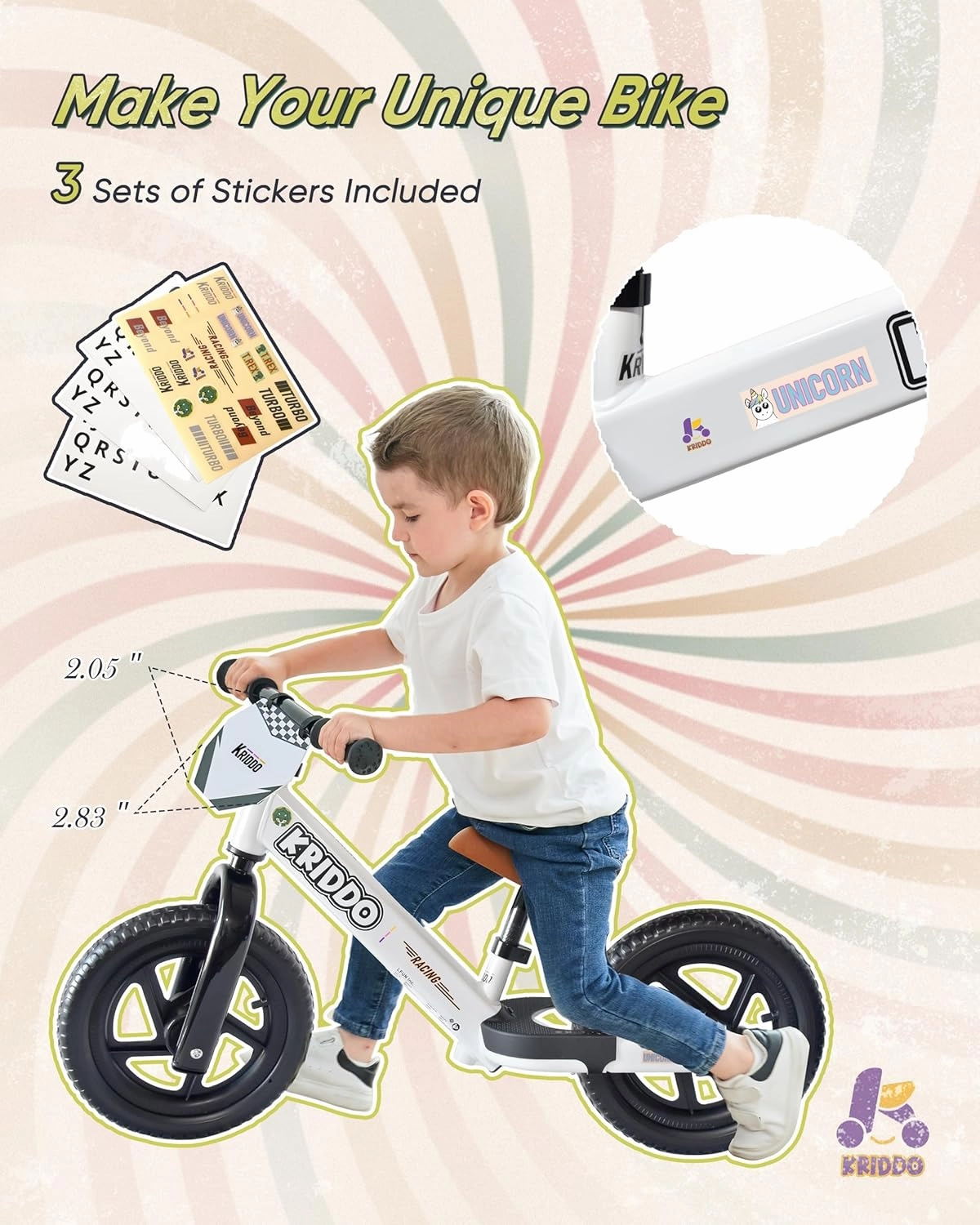 KRIDDO Balance Bike 2 Year Old, Toddler Balance Bike for Kids Aged 2-5, with DIY Colorful Stickers, Non-Slip Sporty Footrest, Racing-Style Frame, Gift for 2-4 Boys and Girls