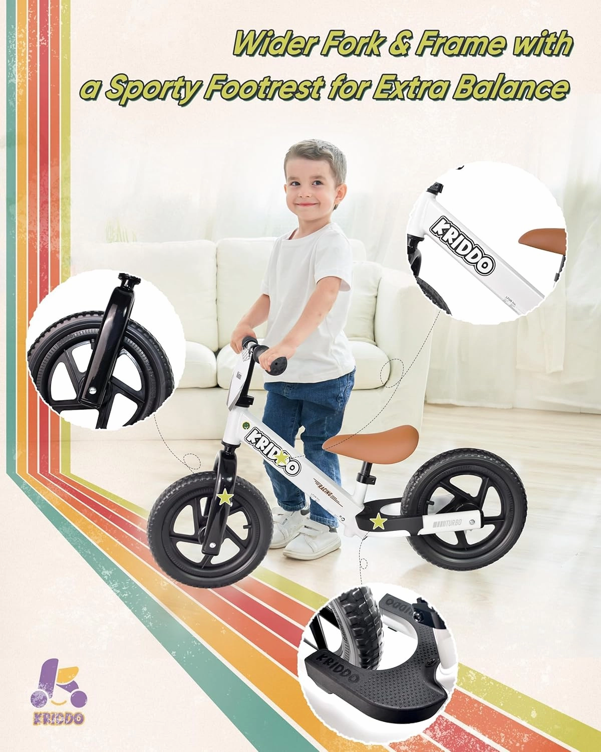 KRIDDO Balance Bike 2 Year Old, Toddler Balance Bike for Kids Aged 2-5, with DIY Colorful Stickers, Non-Slip Sporty Footrest, Racing-Style Frame, Gift for 2-4 Boys and Girls