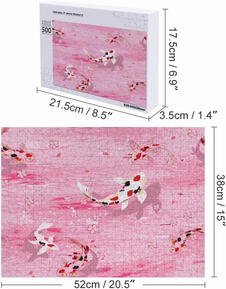 Kuizee Jigsaw Puzzle 500 Pieces Puzzle for Adults Koi Fish Sakura Flower Pink Educational Intellectual Decompressing Funny Family Games 11.5X15.7Inch