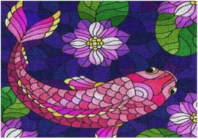 Kuizee Jigsaw Puzzle 500 Pieces Puzzle for Adults Stained Glass Style Pink Fish Purple Lotuses School Kids Teens Educational Intellectual Decompressing Funny Family Games 20.5X15 Inch