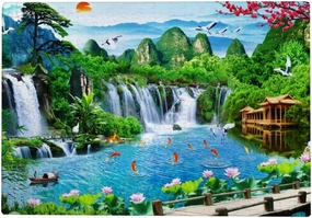 Kuizee Puzzle 1000 Piece Jigsaw Puzzle ﻿Landscape Green Mountain Water Lake Waterfall Fishes 3D Kids Adult Educational Intellectual Decompressing Fun Game 29.5X19.7Inch