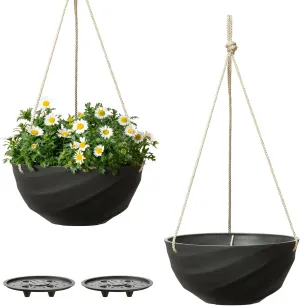 La Jolie Maison 10 Inch Hanging Planters for Indoor Plants, Outdoor Garden Planter Pots with Self-Watering Tray, Jet Black, Spiral Pattern, Set of 2
