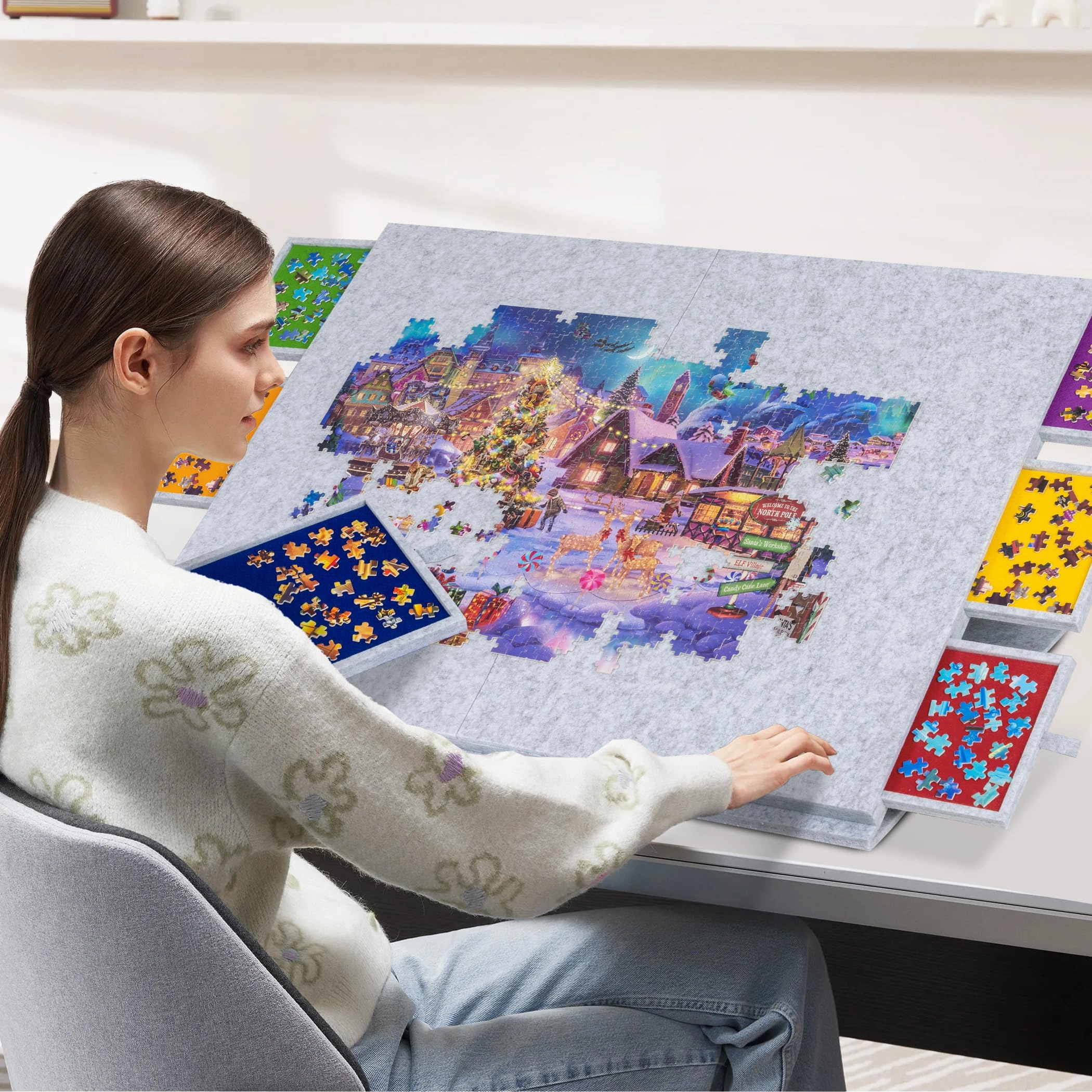 Lavievert 2000 Pieces Portable Jigsaw Puzzle Board with 6 Drawers & Trays, Tilting Puzzle Table with 2-in-1 Puzzle Stand & Cover, Lightweight Puzzle Storage Saver with Puzzle Easel- Light Gray