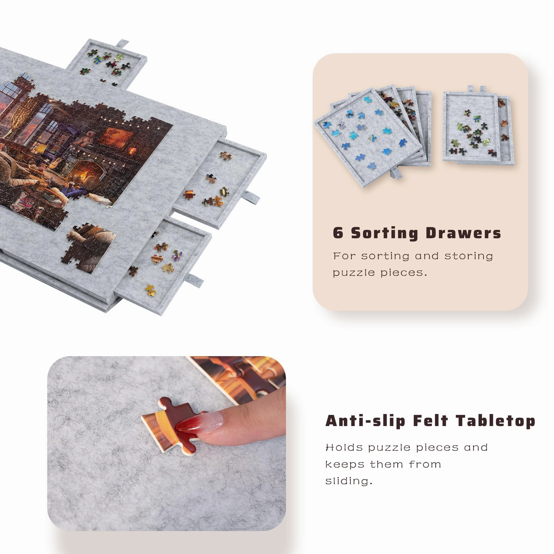 Lavievert Tilting Puzzle Board with 2-in-1 Designed Stand & Cover, Super Lightweight Felt Puzzle Plateau with 6 Drawers, Portable Jigsaw Puzzle Table for Games Up to 1000 Pieces - Light Gray