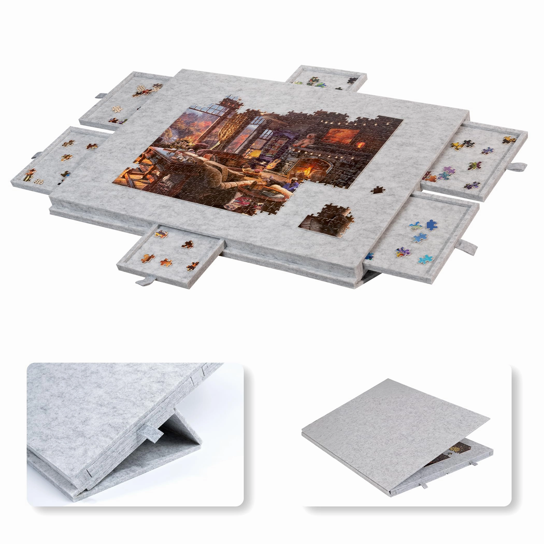 Lavievert Tilting Puzzle Board with 2-in-1 Designed Stand & Cover, Super Lightweight Felt Puzzle Plateau with 6 Drawers, Portable Jigsaw Puzzle Table for Games Up to 1000 Pieces - Light Gray