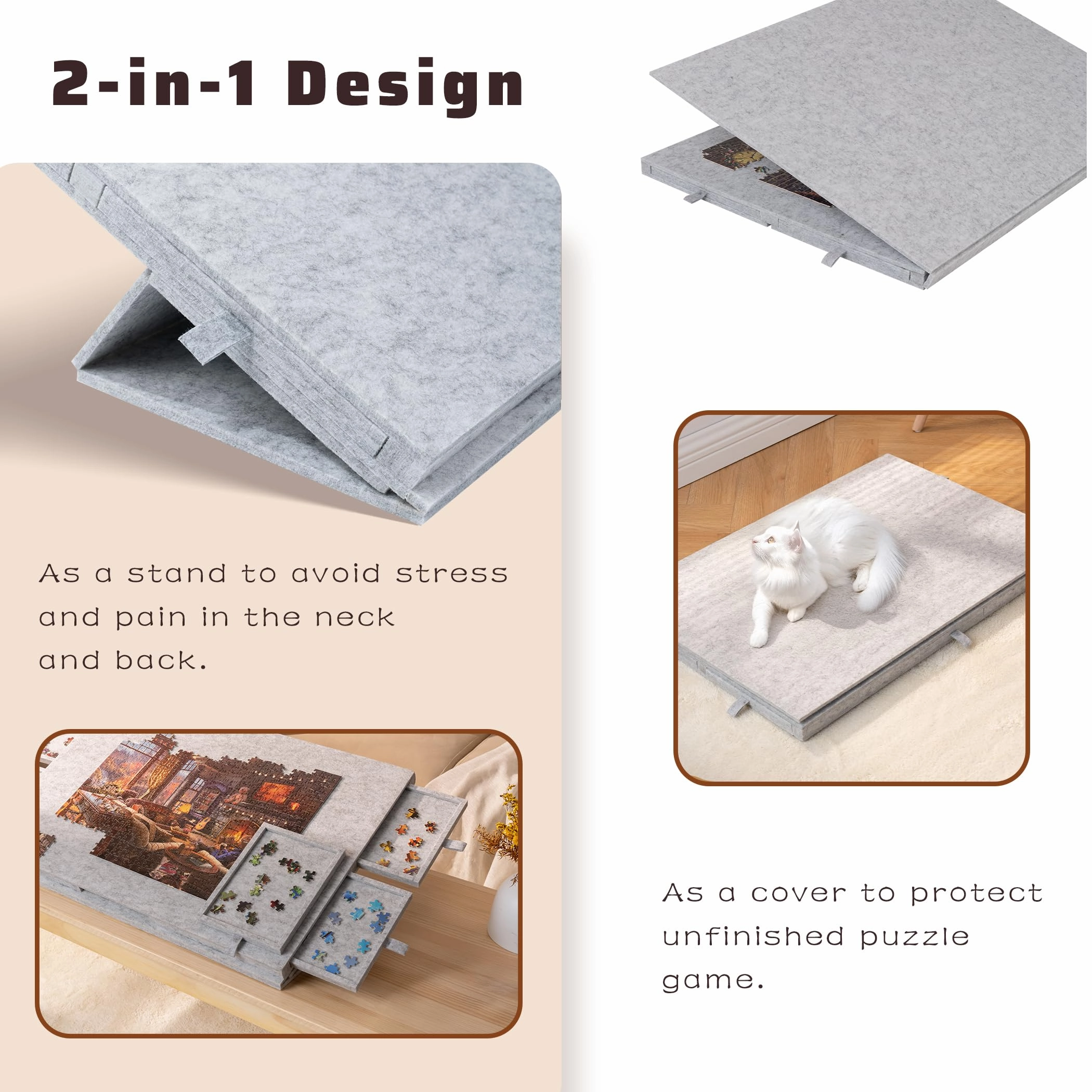 Lavievert Tilting Puzzle Board with 2-in-1 Designed Stand & Cover, Super Lightweight Felt Puzzle Plateau with 6 Drawers, Portable Jigsaw Puzzle Table for Games Up to 1000 Pieces - Light Gray