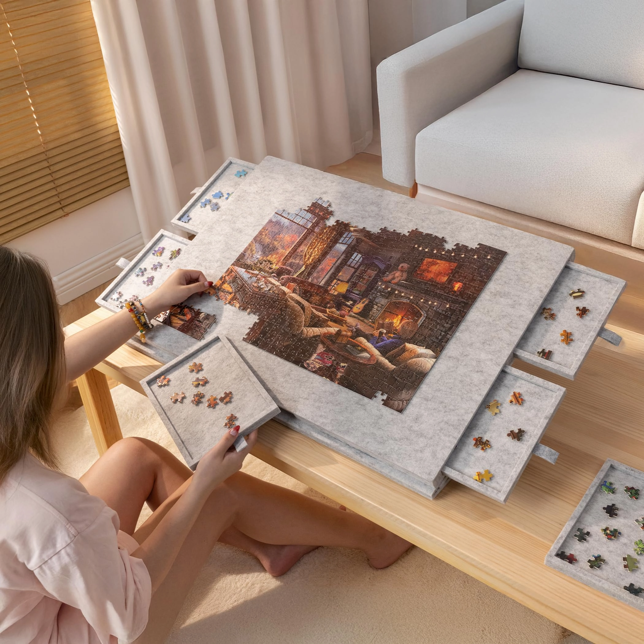 Lavievert Tilting Puzzle Board with 2-in-1 Designed Stand & Cover, Super Lightweight Felt Puzzle Plateau with 6 Drawers, Portable Jigsaw Puzzle Table for Games Up to 1000 Pieces - Light Gray