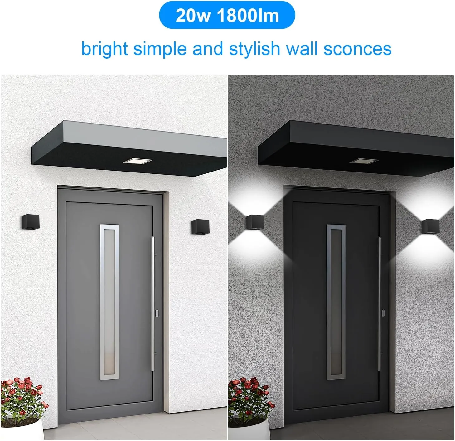 ledmo 20W High Power Modern Outdoor Wall Sconce Light Creative Adjustable Beam Square Up and Down Exterior Wall Lights Fixture Anti-Rust Aluminum IP65 6000K 1800LM Black for Patio Garage House 4 Pack