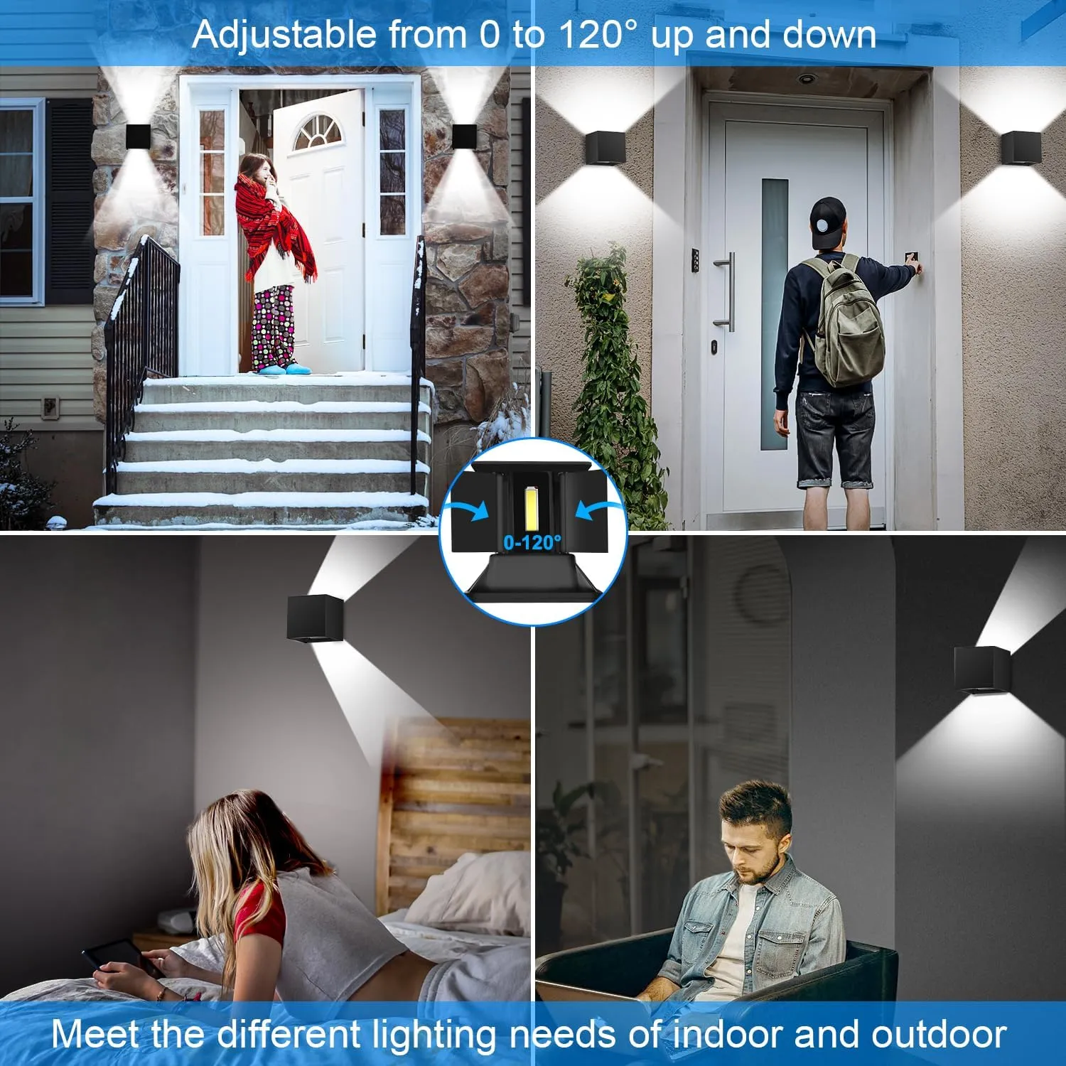 ledmo 20W High Power Modern Outdoor Wall Sconce Light Creative Adjustable Beam Square Up and Down Exterior Wall Lights Fixture Anti-Rust Aluminum IP65 6000K 1800LM Black for Patio Garage House 4 Pack