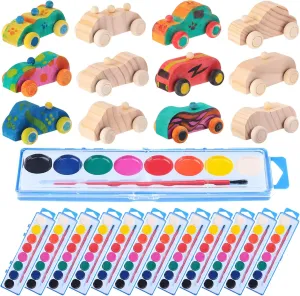 Leitee 12 Sets Unfinished Wooden Cars to Paint DIY Toys with Watercolor Paint Wooden Toy Cars Crafts for Car Party Favors Valentines Paint Craft School Classroom Family Arts