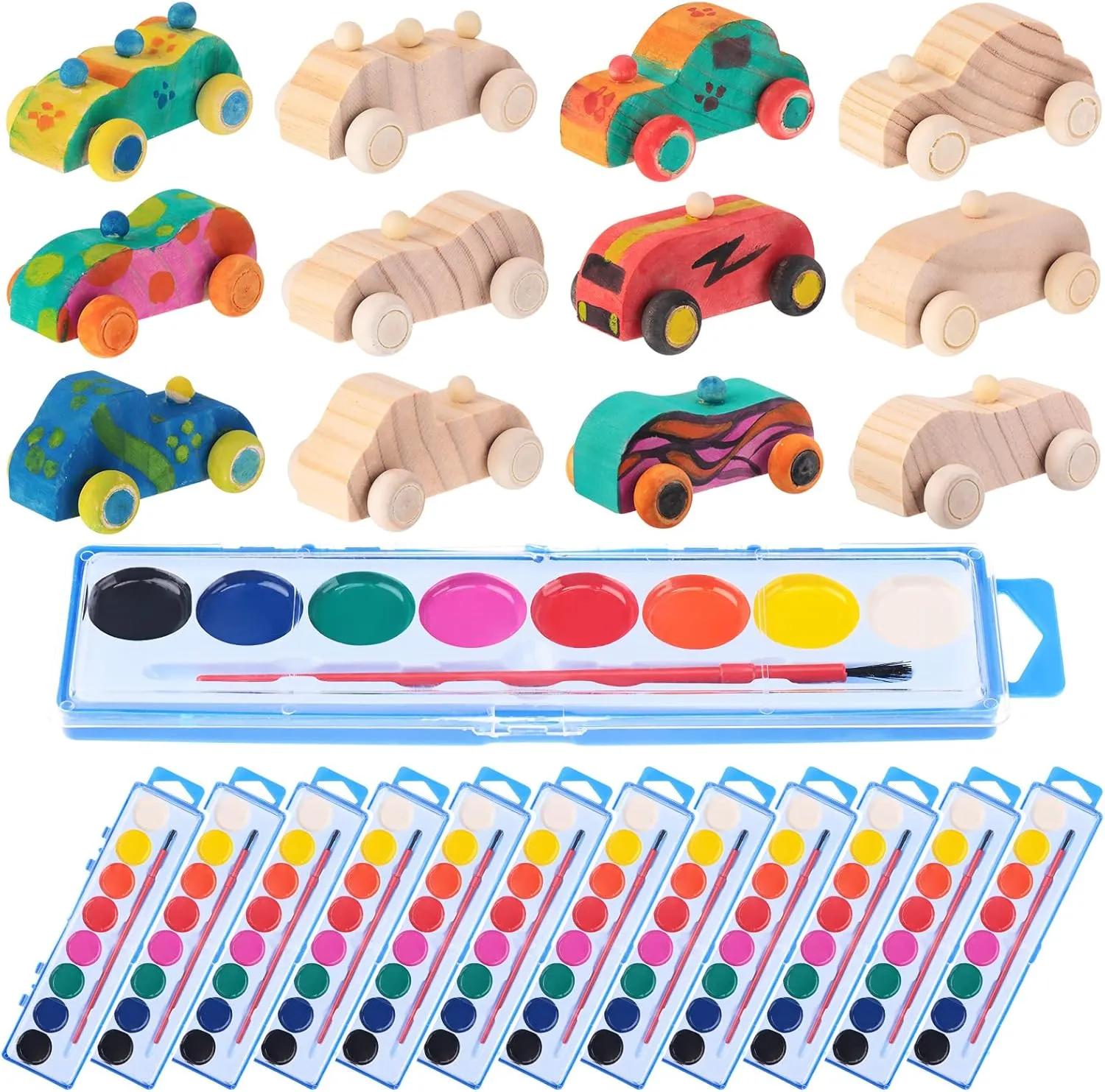 Leitee 12 Sets Unfinished Wooden Cars to Paint DIY Toys with Watercolor Paint Wooden Toy Cars Crafts for Car Party Favors Valentines Paint Craft School Classroom Family Arts