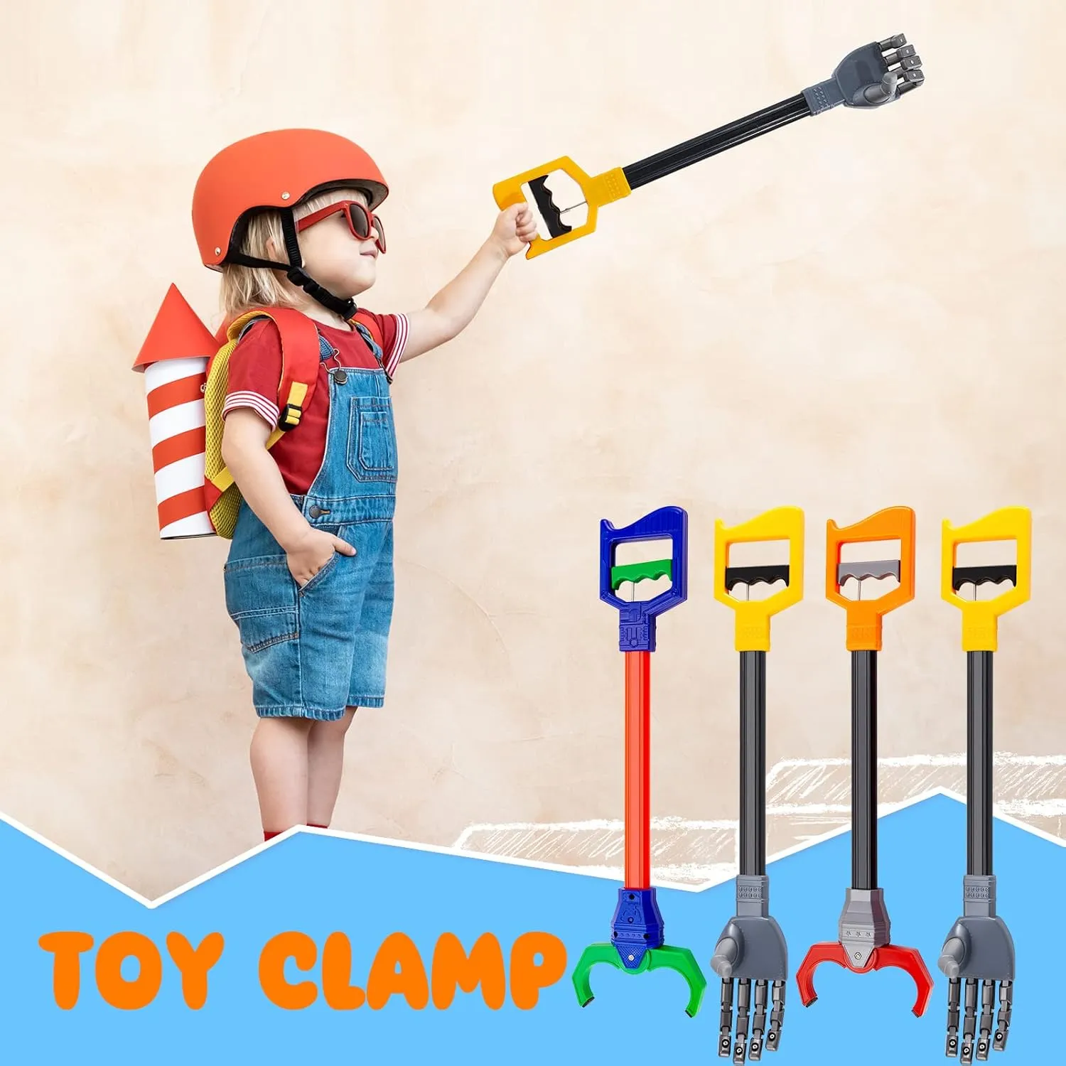 Lewtemi 4 Pcs Interactive Grabber Toy Pack, Robot Arm Claw Grab Pickup Reacher Tool for Boys Girls Kids Children Fun Early Learning and Hand Eye Coordination Play, 18 Inch(Red, Blue, Gray)