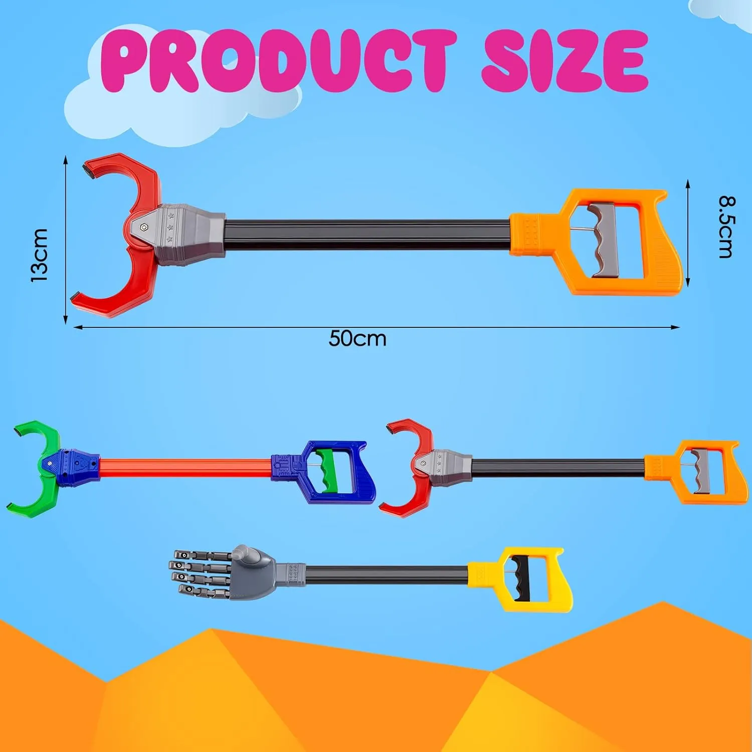 Lewtemi 4 Pcs Interactive Grabber Toy Pack, Robot Arm Claw Grab Pickup Reacher Tool for Boys Girls Kids Children Fun Early Learning and Hand Eye Coordination Play, 18 Inch(Red, Blue, Gray)