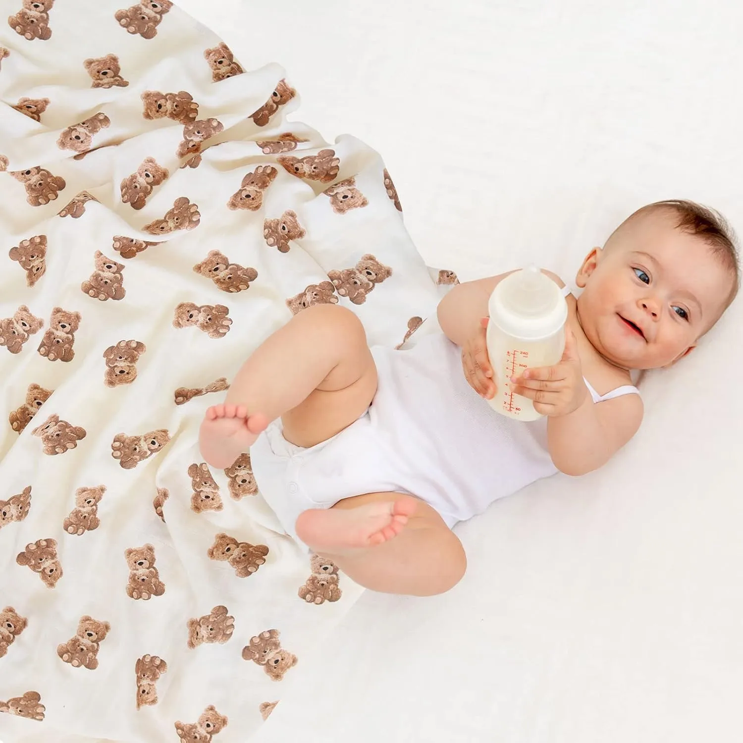 LifeTree Muslin Swaddle Blankets, Baby Swaddling Wrap Nursery Blanket Unisex, Soft 70% Viscose from Bamboo and 30% Cotton, Large 47 x 47 inches, Bear & Checkered Swaddle Blanket