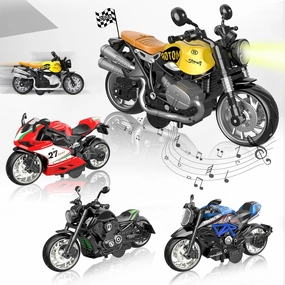 Light Up & Sound 4-Pack Pull Back Motorcycle Toys - Metal Alloy Vehicles, Interactive Features for Ages 3  & Adults