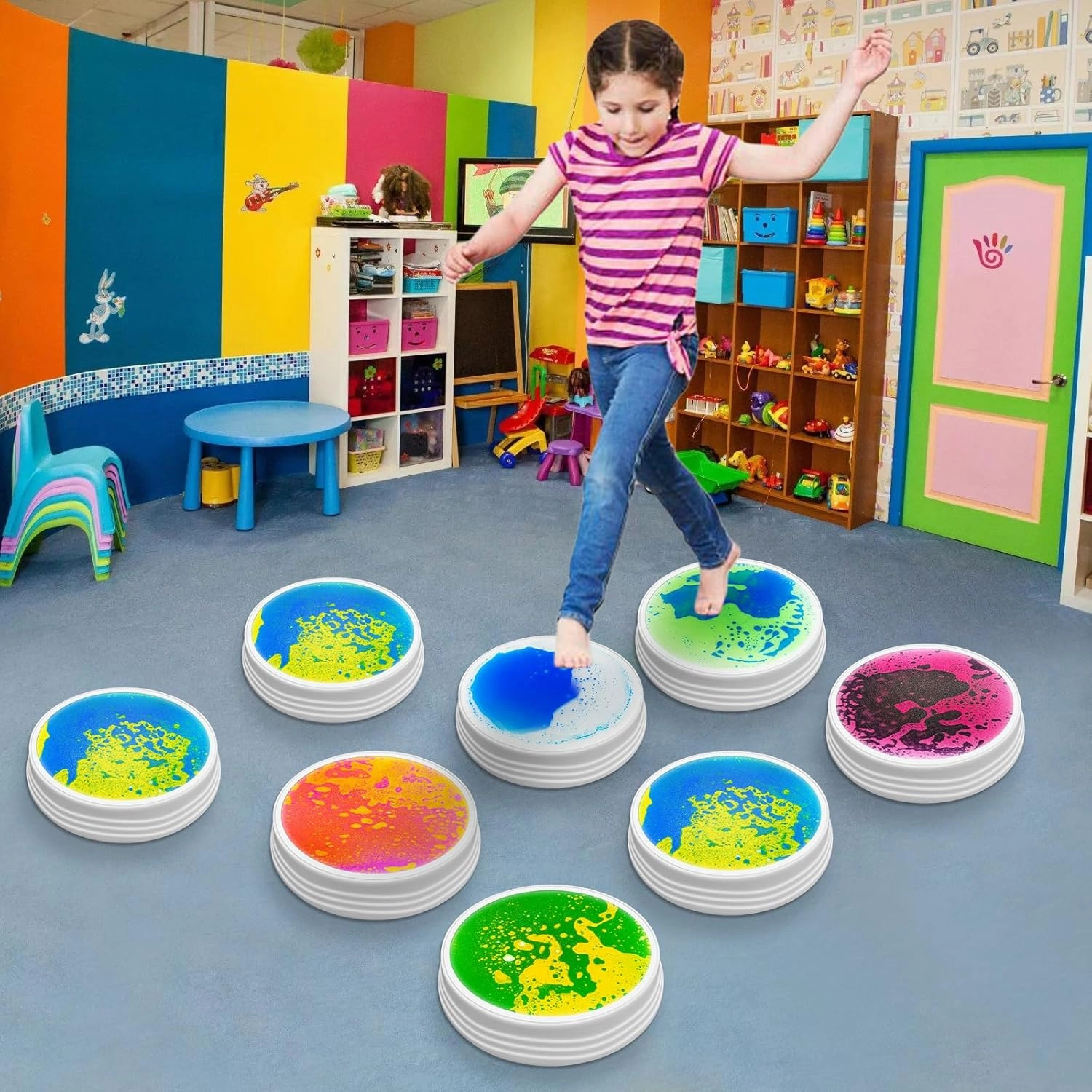 Light Up Liquid Stepping Stones - 1 Round Yellow Green Liquid Stepping Stone with 7 Glowing Colors, Indoor Obstacle Training Balancing Stepping Stone Toy for Kids Ages 3 4 5 6 and Up.