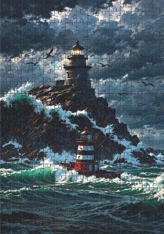 Lighthouse 1000 Piece Jigsaw Puzzle for Adults - Fishing Boats Returning from The Storm Challenging Educational Game Fun Family Activities Puzzle Floor Props Kid Gift Unzip Toy Wooden Puzzles