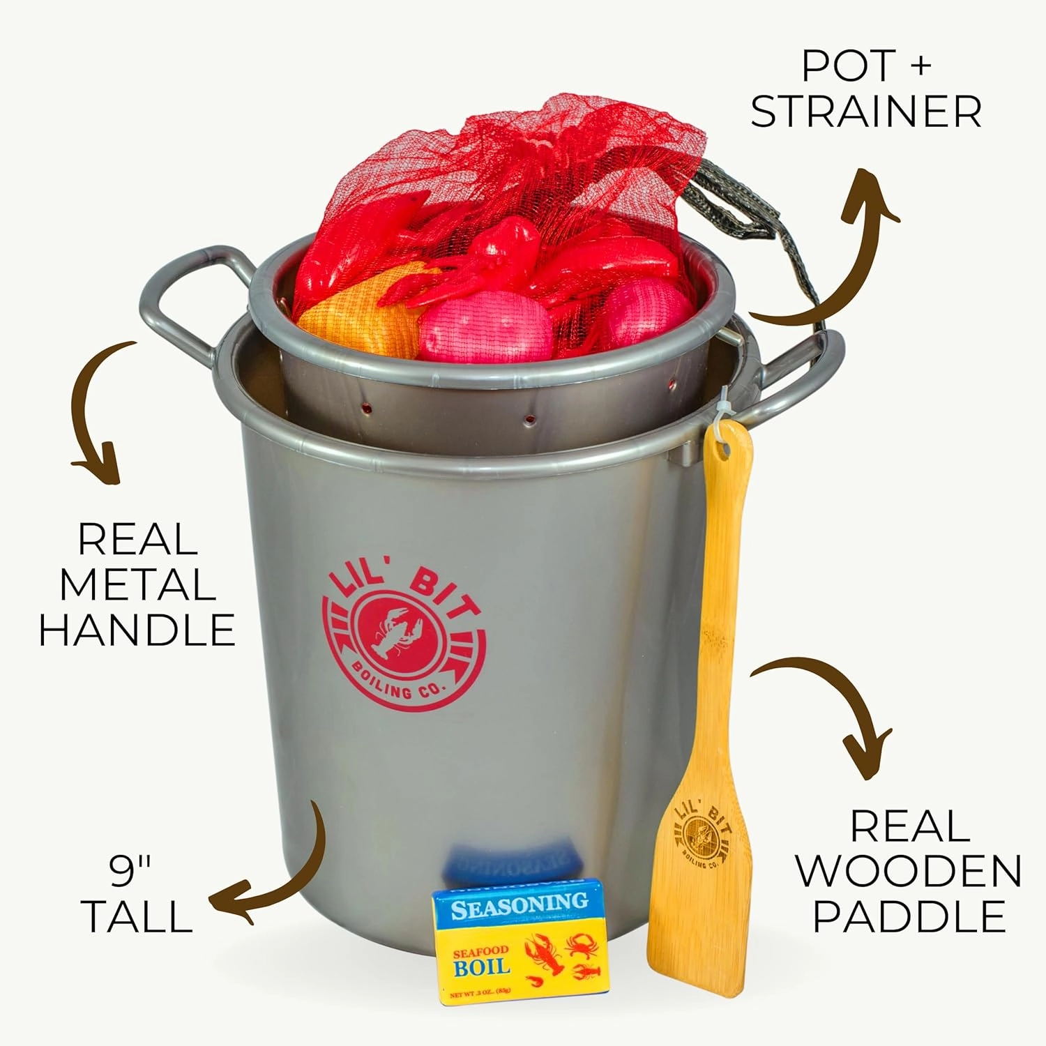 Lil' Bit Boiling Co. Kids Louisiana Crawfish Boil Playset - Toy Food Kitchen Set for Children with Pot, Strainer, Wooden Paddle and Accessories