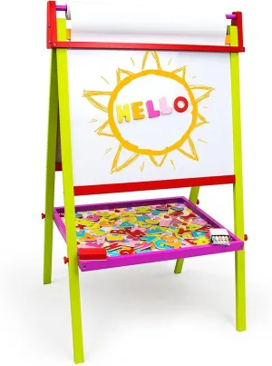 Little Artists 3-in-1 Standing Easel | Includes 75 Magnetic Letters, Rainbow Chalk, Eraser, and Easel Paper | Wooden Wonders Kids Creative Art Drawing Board | Art Class and School Teacher Activity