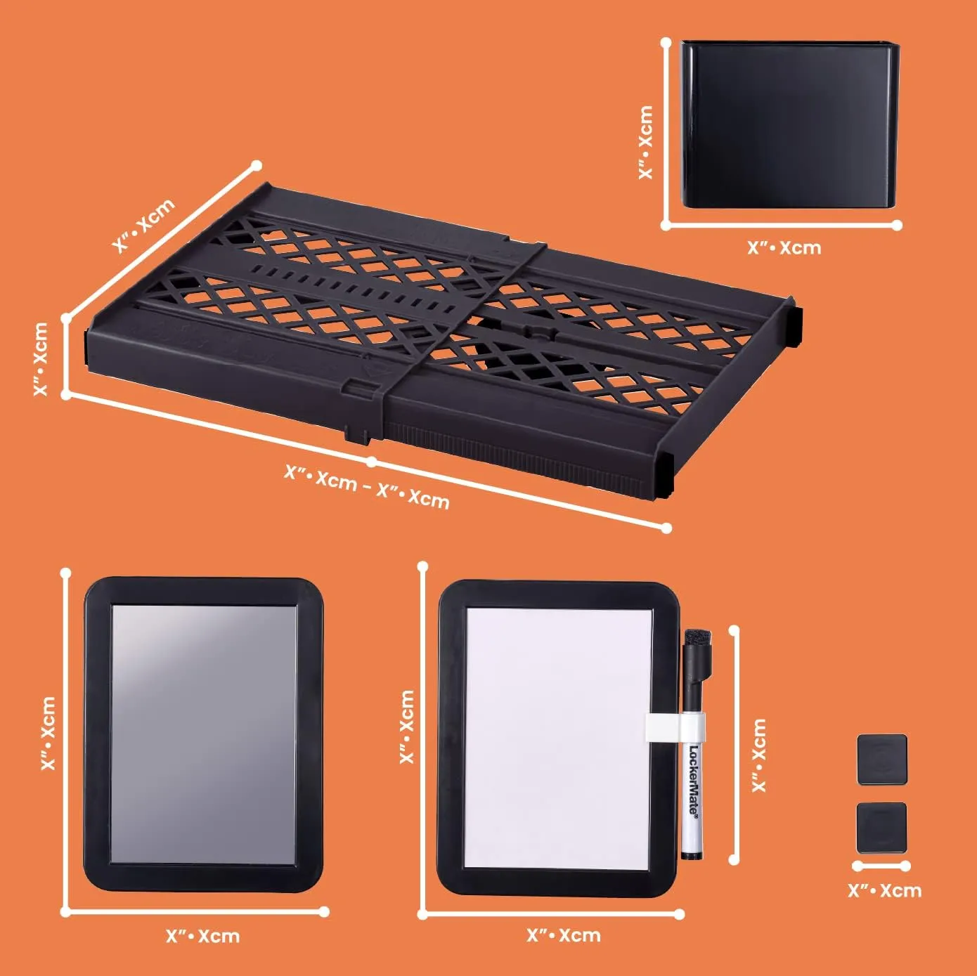LockerMate Adjust-A-Shelf 6-Piece Locker Accessories Set, Extends to Fit Your Locker, Includes Storage Drawer, Mirror, Whiteboard, Storage Cup, Black (50924KIT-BLK)