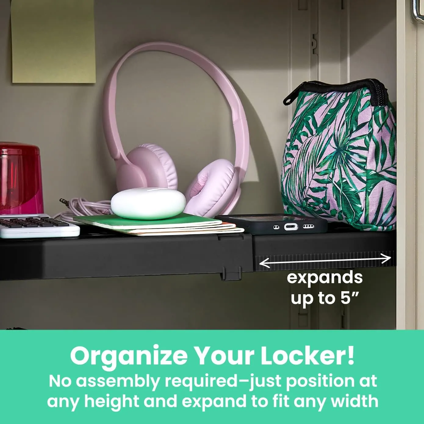 LockerMate Adjust-A-Shelf 6-Piece Locker Accessories Set, Extends to Fit Your Locker, Includes Storage Drawer, Mirror, Whiteboard, Storage Cup, Black (50924KIT-BLK)