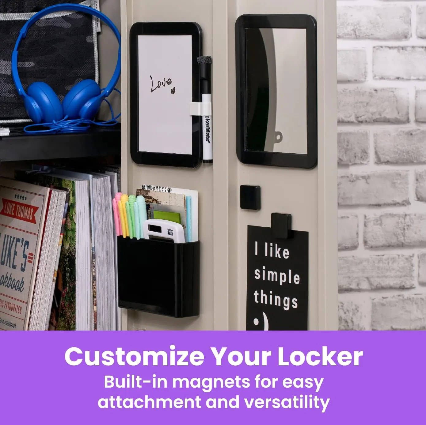 LockerMate Adjust-A-Shelf 6-Piece Locker Accessories Set, Extends to Fit Your Locker, Includes Storage Drawer, Mirror, Whiteboard, Storage Cup, Black (50924KIT-BLK)